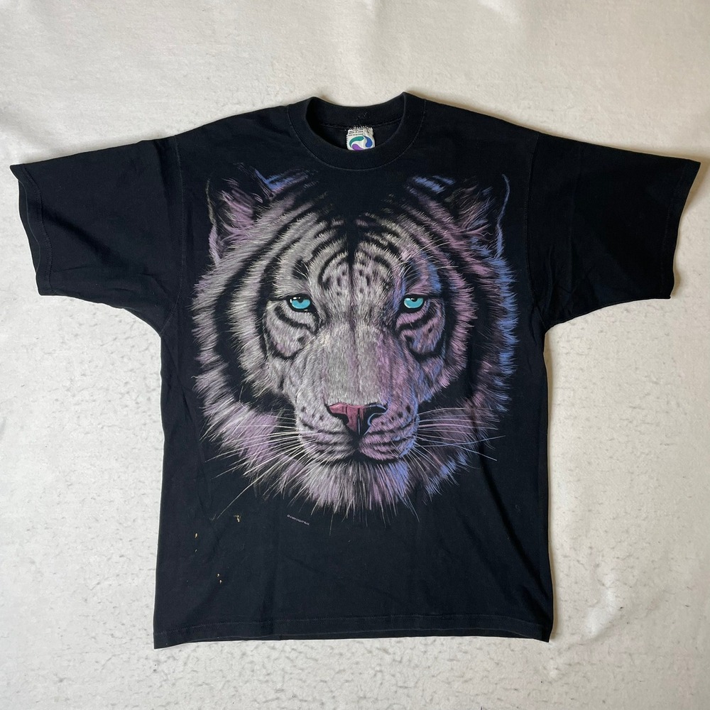 Liquid Blue 1998‎ White Tiger Face All Over Print T Shirt Size L Vintage